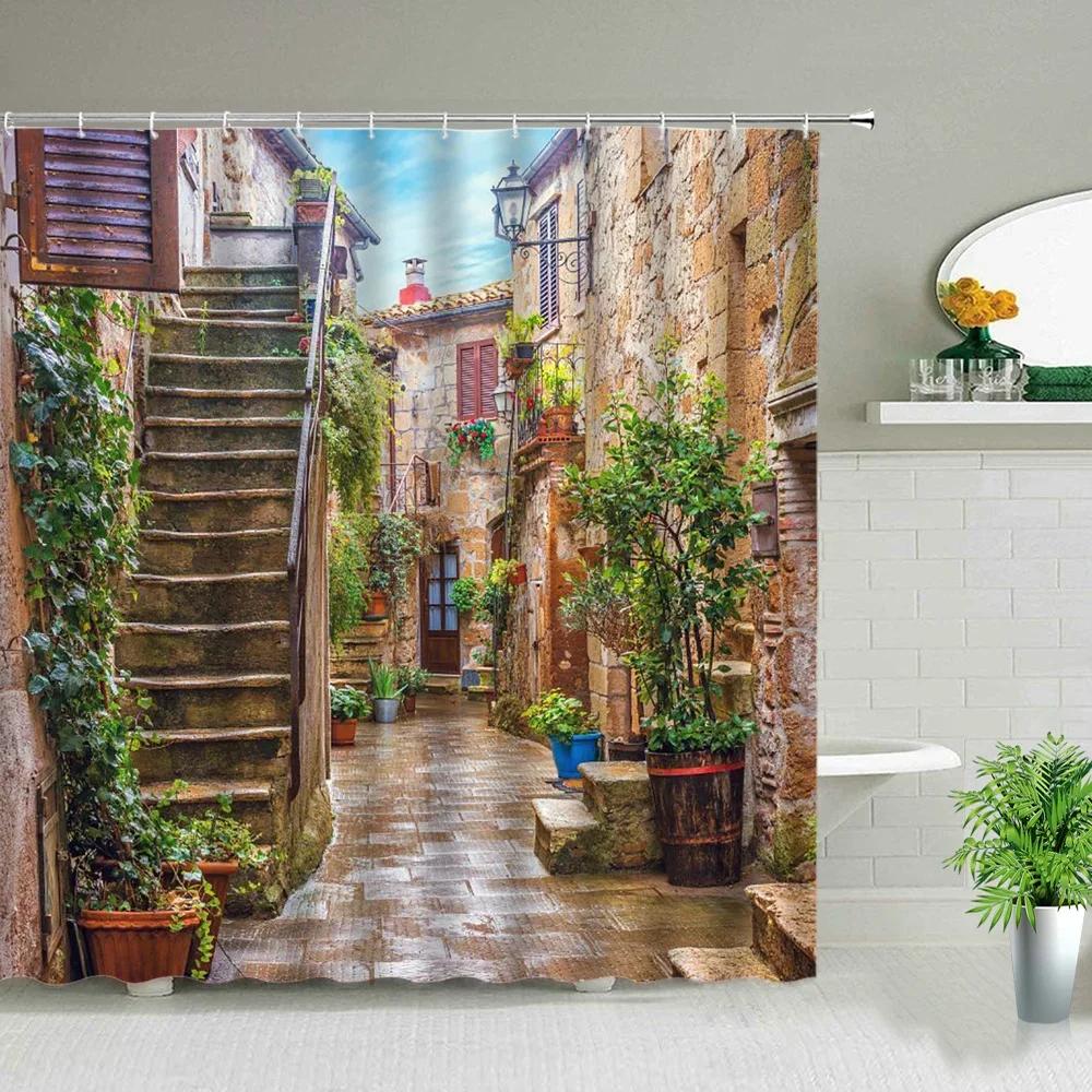 

3D Nordic Italy Street Alley Shower Curtain Garden Flowers Scenery Retro Design Cloth Curtains Waterproof Home Bathroom Decor W60H190(CM)-1 Pcs