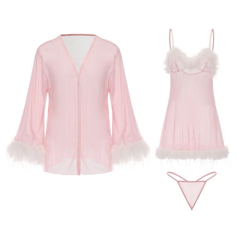 Women's Plus Size Faux Fur Mesh Cami Sleep Dress with Robe Costume Set for Summer