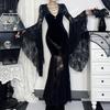 Women's Velvet V-Neck Sleeve Dress with Lace Trim, Dark Gothic for Halloween