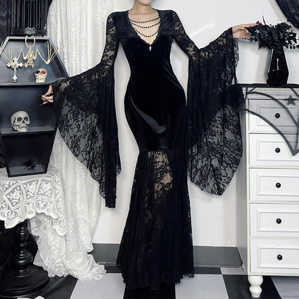 Women's Velvet V-Neck Sleeve Dress with Lace Trim, Dark Gothic for Halloween