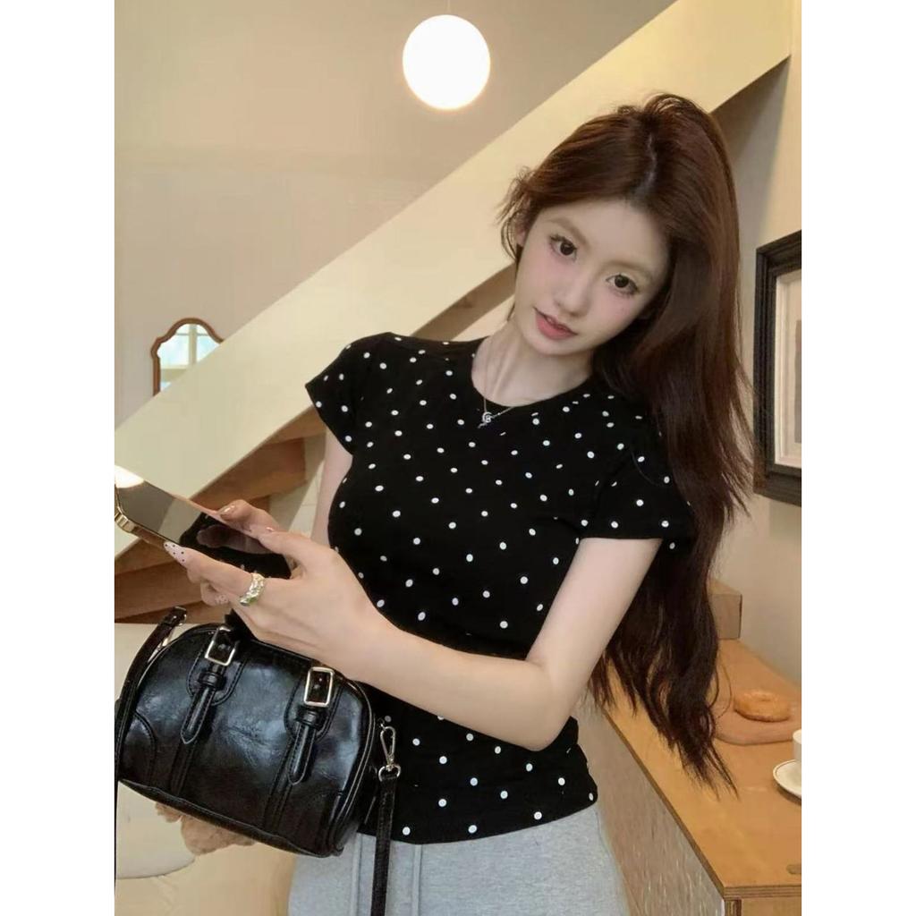 Student polka dot short-sleeved T-shirt women's summer new Korean slim and thin fashion versatile top tide
