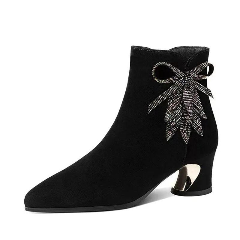 Echtes Leder Mittelhohe kurze Stiefel Damen Dicker Absatz Plüsch Diamant Scrub Leder Damenstiefel Herbst und Winter