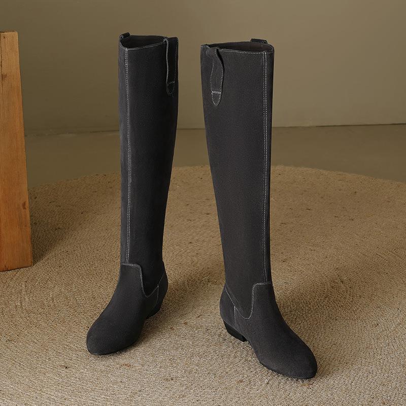 

2025 осень и зима новые, но до колена плиссированные ботинки на низком каблуке с круглым носком, женские ботинки-чулки, черные облегающие длинные ботфорты 39