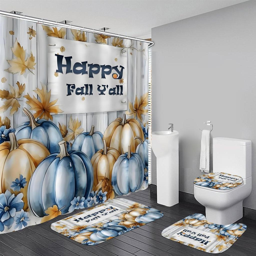 Halloween Shower Curtain Sets Haunted House Pumpkin Shower Curtains With 12 Hooks, Bathroom Decor Sets With Curtain And Rugs