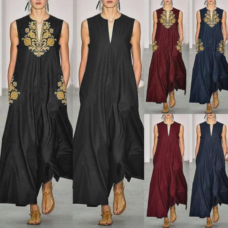 

V Neck Retro Print Maxi Dress Sleeveless Deep Cut 5XL