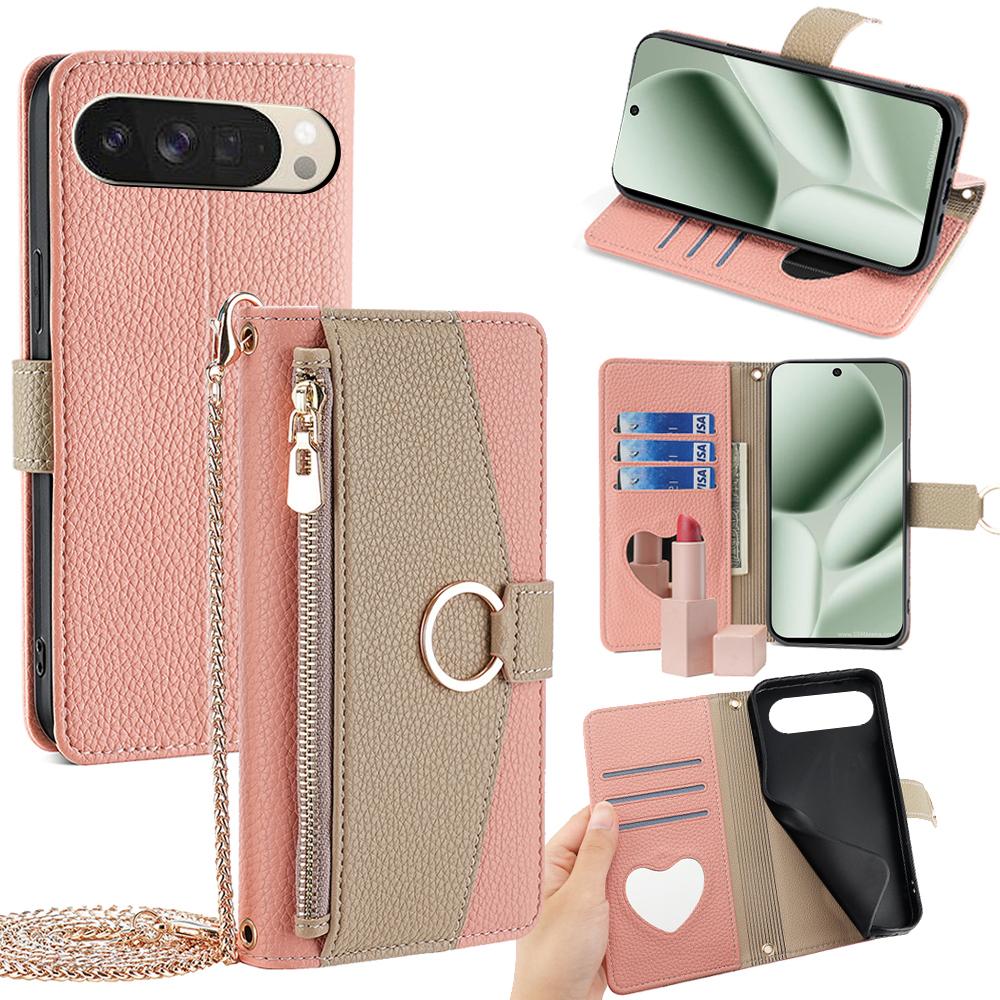 

For Google Pixel 10 Case Mirror Wallet Leather Phone Cover with Chain Shoulder Strap