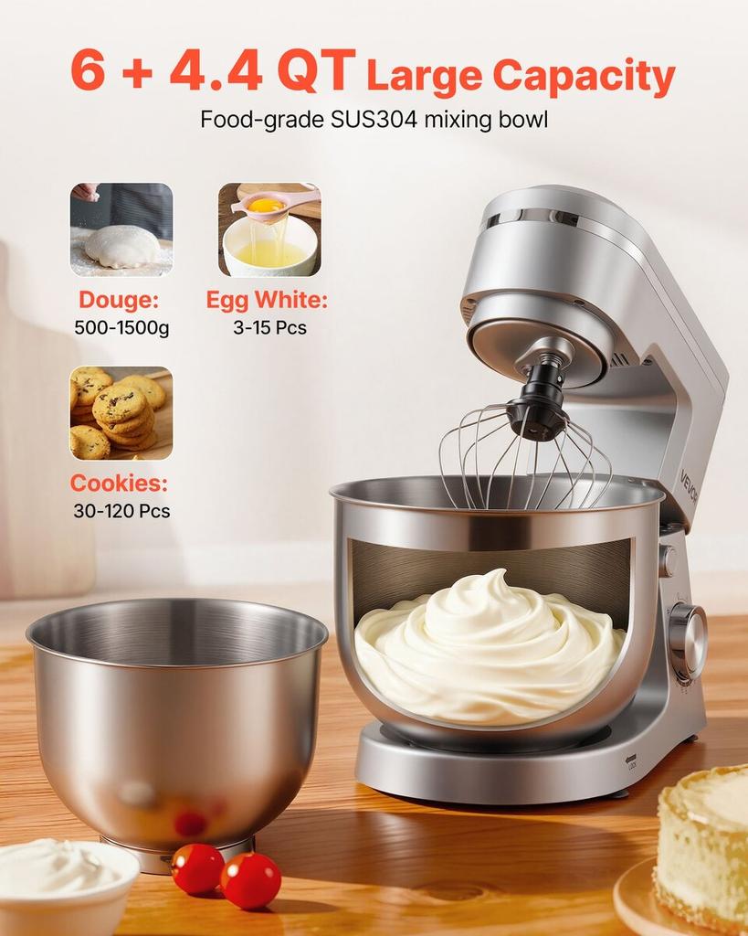 Stand Mixer, 4.2 L+5.7 L Electric Kitchen Mixer, 1500W Dough-Mixer, 10 Speeds Tilt-head Food-Mixer with Stainless Steel Bowls, Dough Hook, Whisk,
