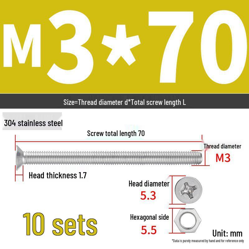304 Stainless Steel Extra Long Phillips Flat Head Screws and Nuts Set (2M, 3M, 4M)