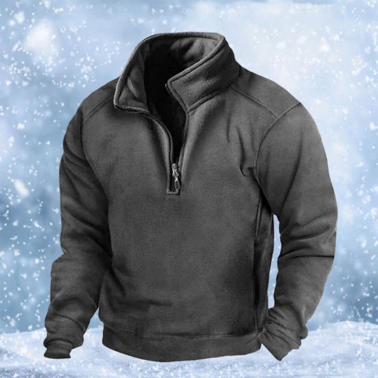 Men Autumn Winter Solid Color Sweatshirt Stand Collar Zipper Half Placket Pullover Long Sleeve Windproof Warm Outdoor Hunting Tops