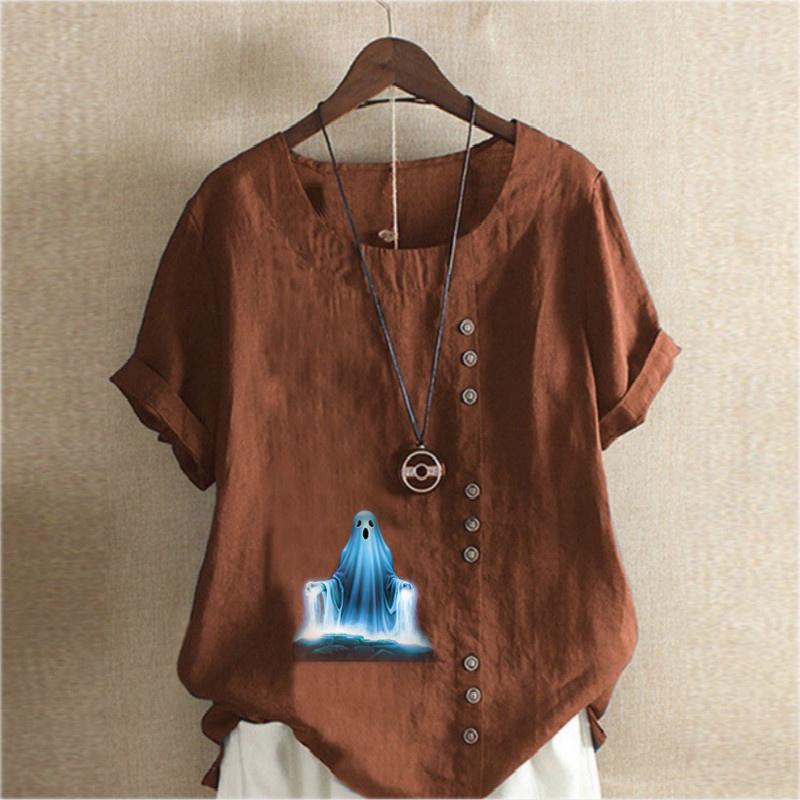 Women's Fashion Ghost Print Short Sleeve T-shirt Loose Cotton Shirt Casual Loose Summer Blouse Tops