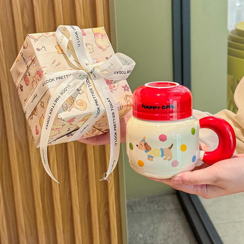 Cute Dachshund Puppy Ceramic Kettle Couple with High Value Mug with Lid To Send Birthday Gifts for Girls