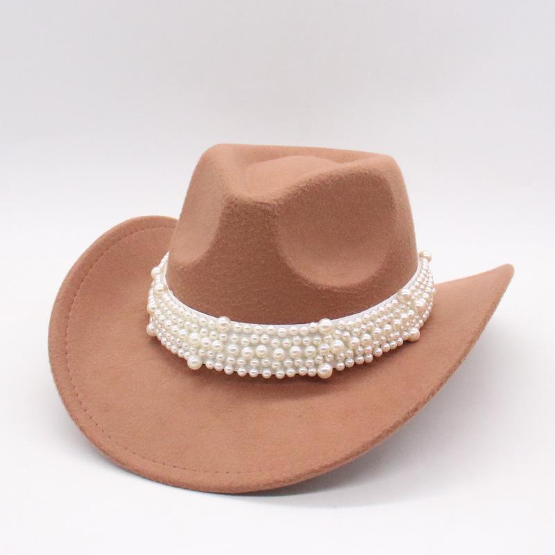 Premium Western Cowboy Hat British Elegant Jazz Hat Pearl Top Hat Big Eaves Hat Women'S Wool Hat
