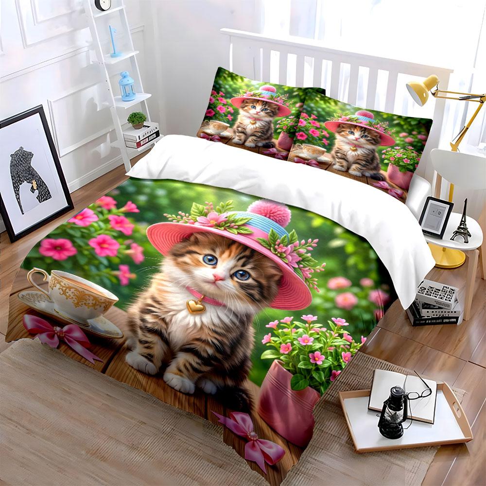 Cute Kitten With Pink Hat Bedding Set For Kids Luxury Gift 3Pcs Digital Print Comforter Set Soft Comfortable Breathable