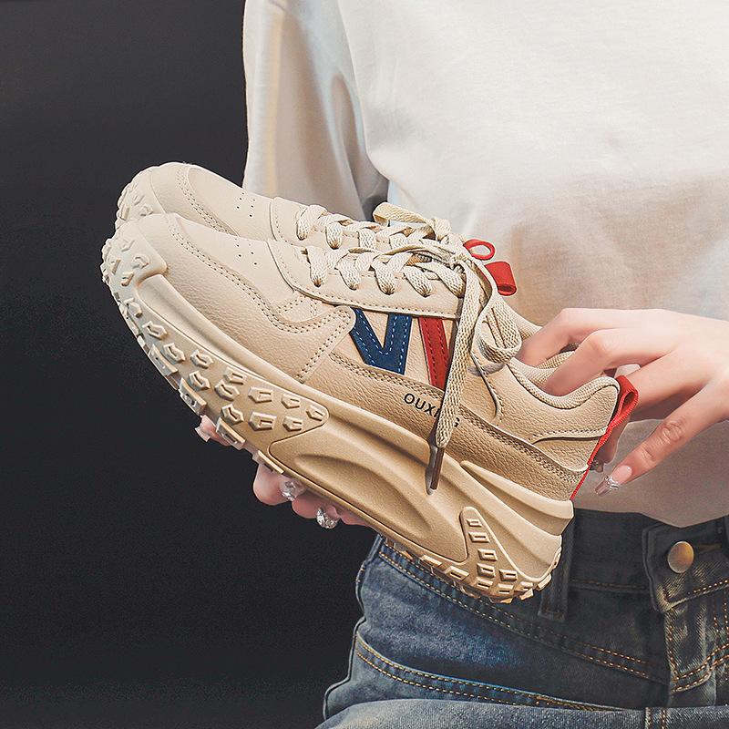 Leather Low-top Dad Shoes Women's Autumn New Platform-soled Student Sports Shoes Heightening Casual Shoes