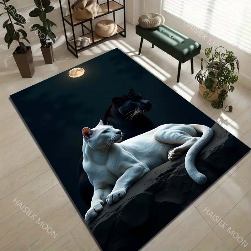1PC White and Black Panthers Under Moon Carpet for Living Room Bedroom Sofa Home Decor Rus Non-slip Floor Mat Luxury Gift