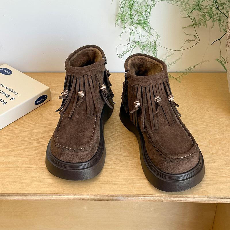 

Кисточки платформа ботинки Мартин женские 2025 осень новые ретро верхняя одежда на плоской подошве повседневные западные короткие ботинки Челси 40 коричневый