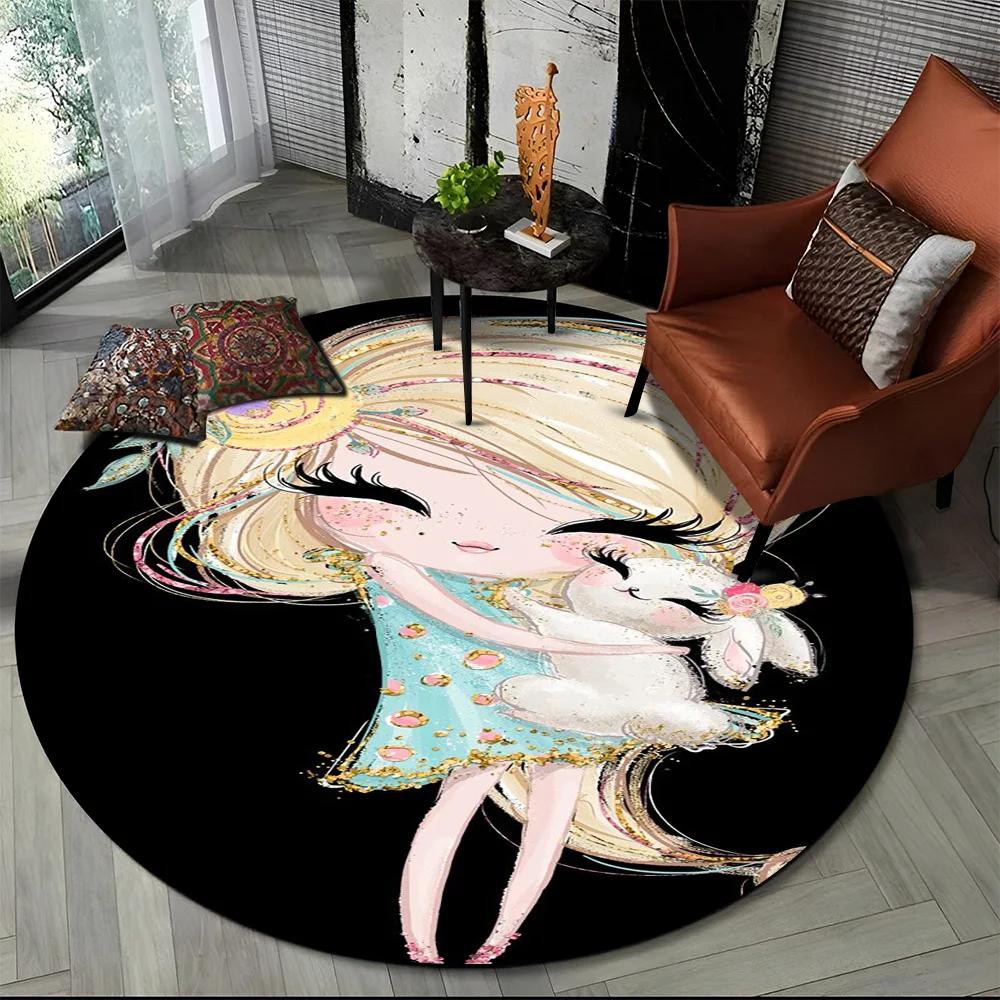 3D Cute Ballet Girl Ballerina Fairy Cartoon Area Rug,Round Carpet for Living Room Bedroom Sofa Decoration,Kid Non-slip Floor Mat