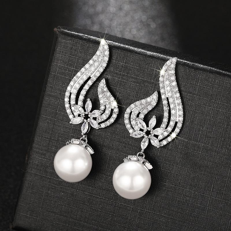 Source Angel Wings Imitation Pearl Earrings, Diamond Flower Zircon Earrings, Dinner Court Earrings