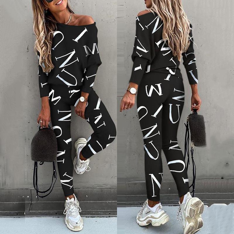 Autumn Women's Long-sleeved and Long-pants Casual Set with Letter Prints