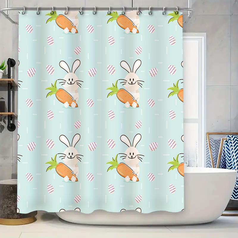 

Easter-Themed Shower Curtain With Cartoon Bunnies Holding Carrots Pastel Blue Color Design For Bathroom Decor Home Accessories # W60H190(CM)-1 Pcs