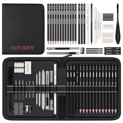 

HIFORNY 42-Piece Drawing and Sketching Kit with Graphite & Charcoal Pencils, Blending Tools, Erasers & Accessories, and Portable Zippered Travel Case