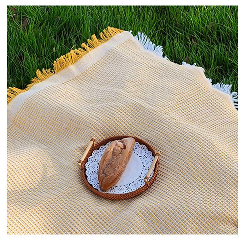 Waffle Tassel Picnic Blanket, Ins Style Breathable Linen Camping Mat, Decorative Beach Throw Blanket
