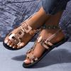 Fashion 2025Summer New Round Headed Leather Ladies' Sandals Flat Casual Beach Shoes Comfortable Footwear with Metal Decoration for Women