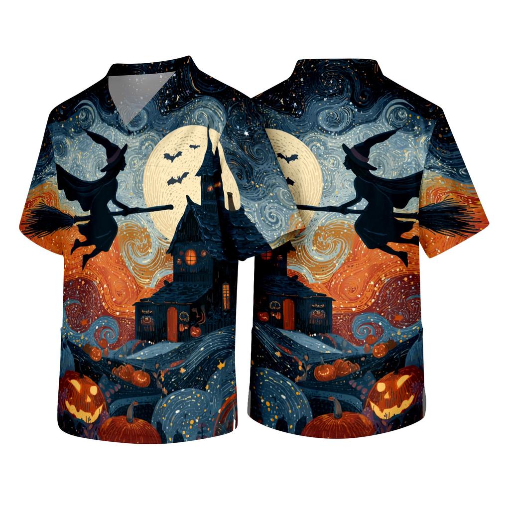 Men's Short Sleeve V Neck Halloween Print Pocket Scrub Top Medical Workwear Uniform Comfortable Fit Breathable Fabric