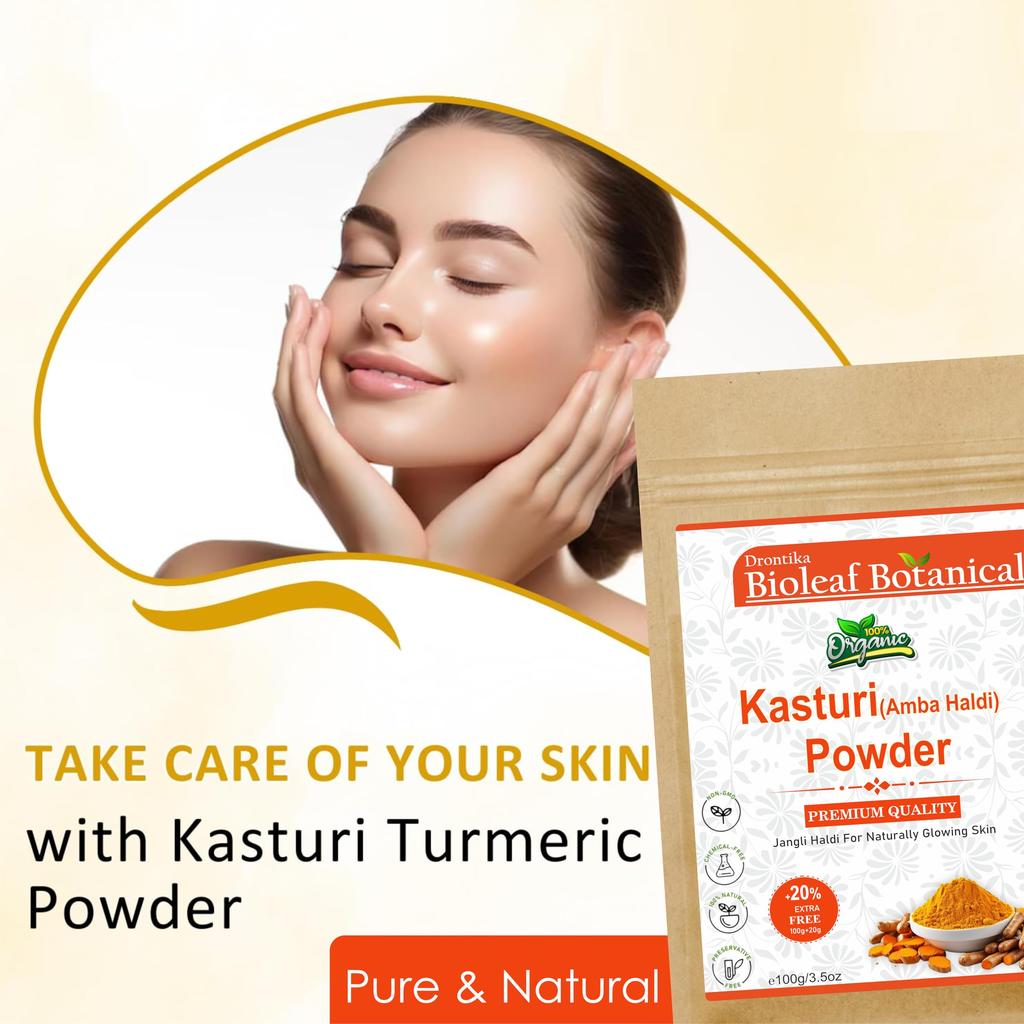 Drontika Wild & Pure Bioleaf Botanicals Kasturi Haldi Powder For Natural Finish Face (100 Grams) For Glowing Skin | Kasturi Manjal For All Skin Typ
