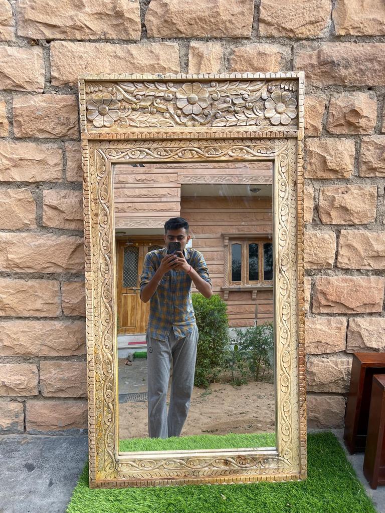 Wooden Carved Wall Mirror Decor-Bedroom Mirror Home Decor Wall-Carved Wooden Wall Mirror with Floral Design-Floral Frame Glass Mirror