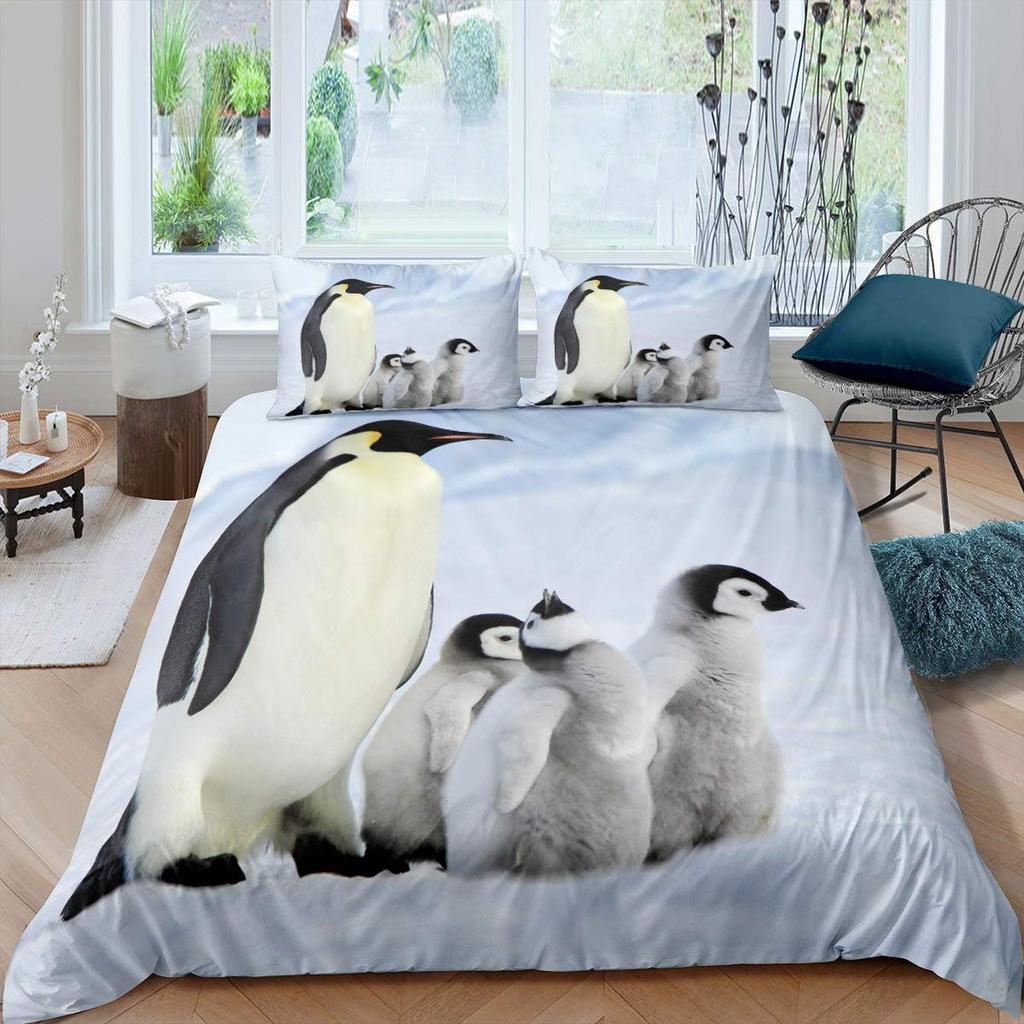 Cute Penguin Duvet Cover Animal Pattern Bedding Collection Comforter Cover For Boys Girls Kids Room Decor Full Size With 2 Pillow Case