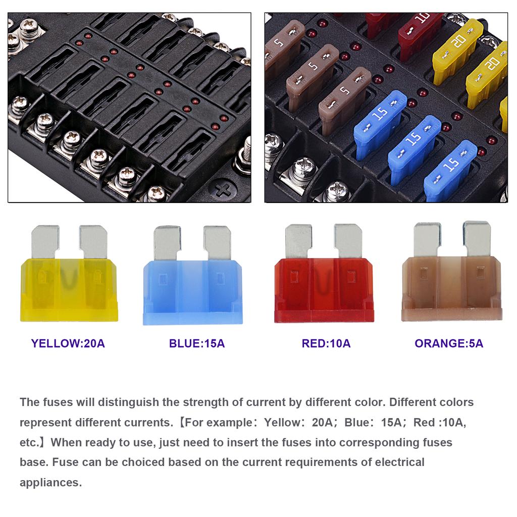Blocco fusibili per barca marina a 12 Volt, Impermeabile a 12 vie con barra collettrice negativa di terra a 12 vie [100 Amp Max] [Fusibili ATC/ATO] [Indicatore LED] per Auto RV Camion Ecc.