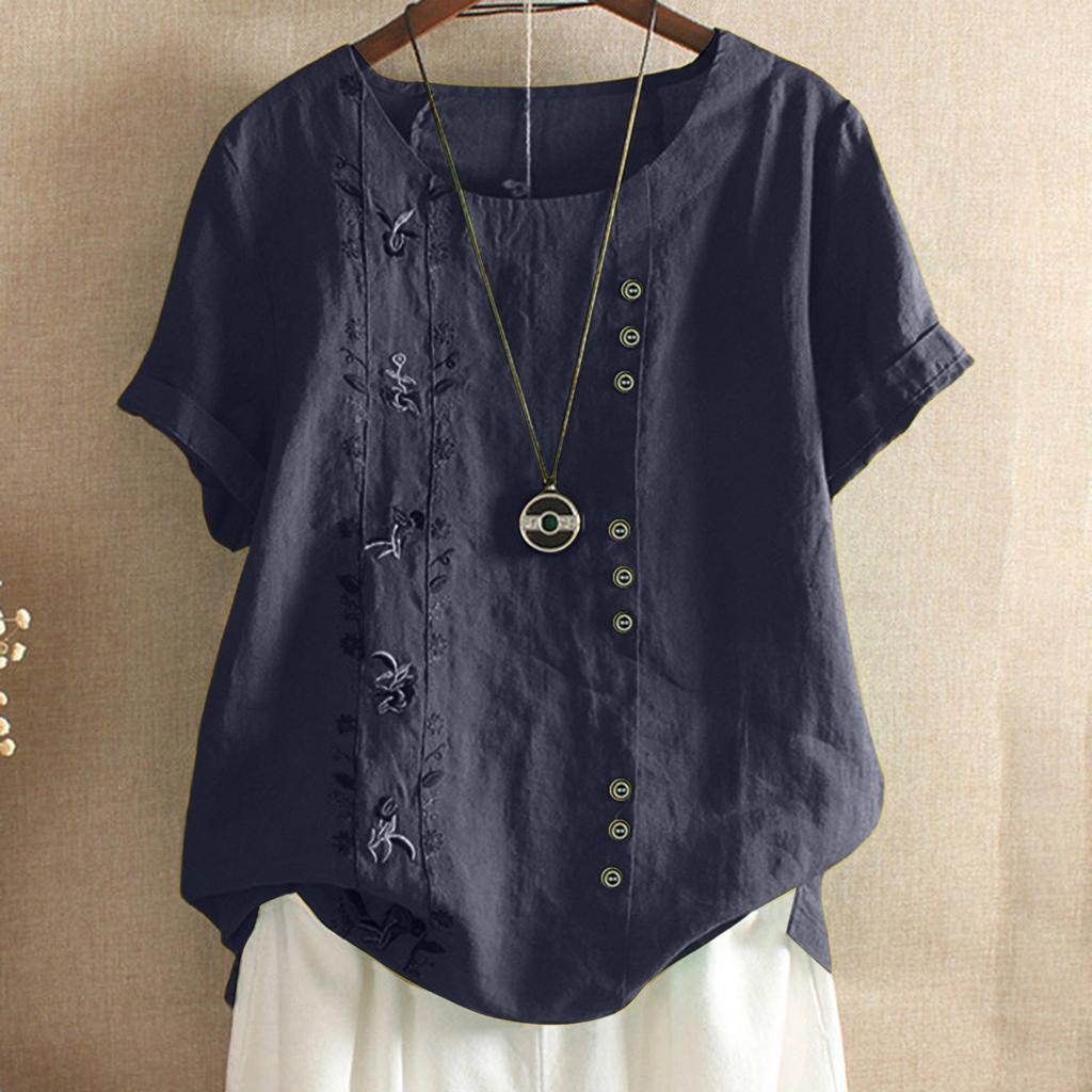 Women's Fashion  Color Loose Casual Round Neck Cotton Linen Top