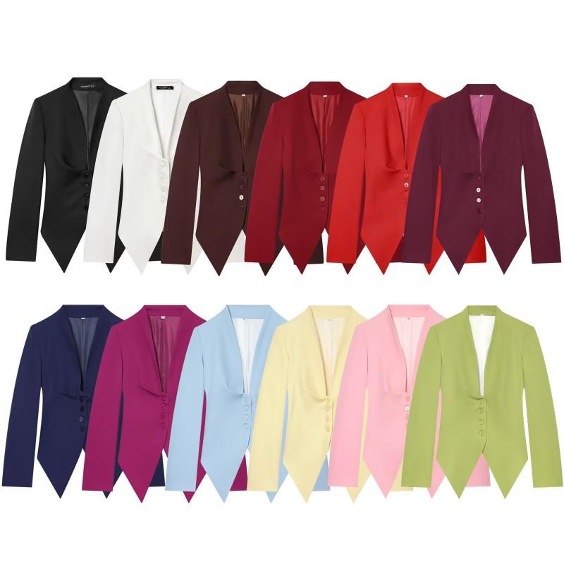 Womens Single-Breasted V-Neck Long Sleeve Blouse Pleated Chest Mid-Length Casual Blazer 2026 Fall