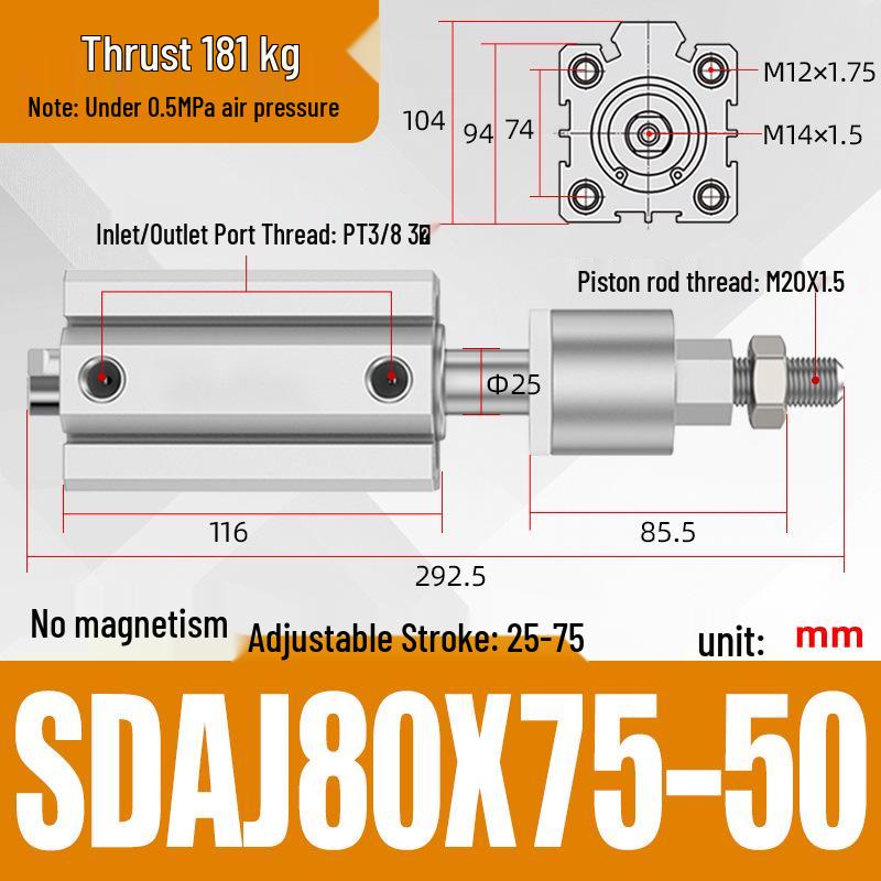 Adjustable Stroke Pneumatic Thin Cylinder - Piston Rod Sizes: 16/20/25/32/40/63