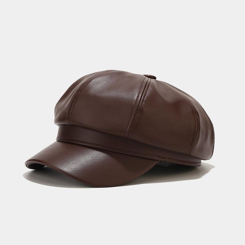 Retro Fashion Ladies' PU Leather Octagonal Hat Versatile Temperament Circumference Korean Streetwear Accessory crochet beret cap