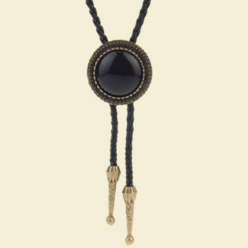 Handmade Vintage Bolo Tie for Women Mens Western Cowboy Leather Rope Necktie with Round Stone Pendant Jewelry Necklace