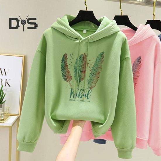 Fall Winter Hoodie Feather Print Long Sleeve Thick Loose Soft Drawstring Hooded Unisex Keep Warm Casual Elastic Cuff Women Men Hoodie