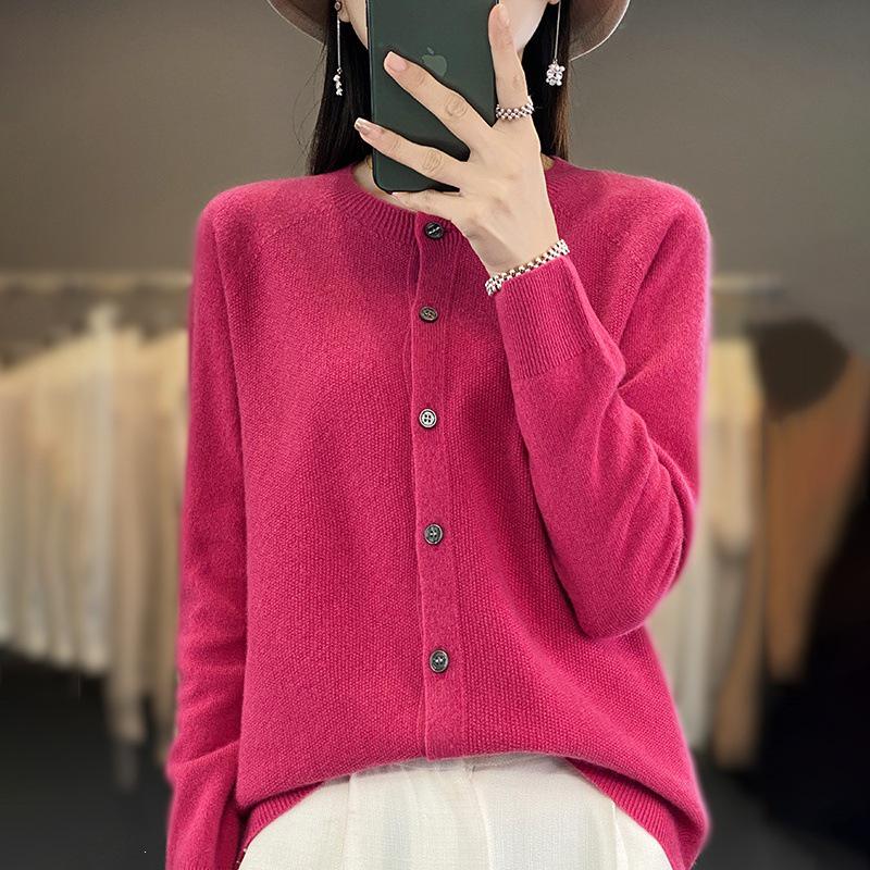 Women's Osmanthus Stitch Wool Cardigan - Round Neck, Loose Fit, Button-Up, Casual Knitwear Outerwear