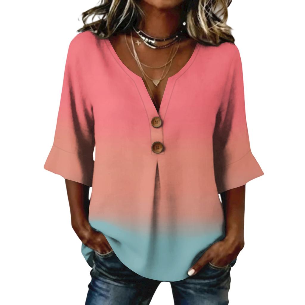 Ladies' gradient printed button casual V-neck fashionable seven quarter sleeve top