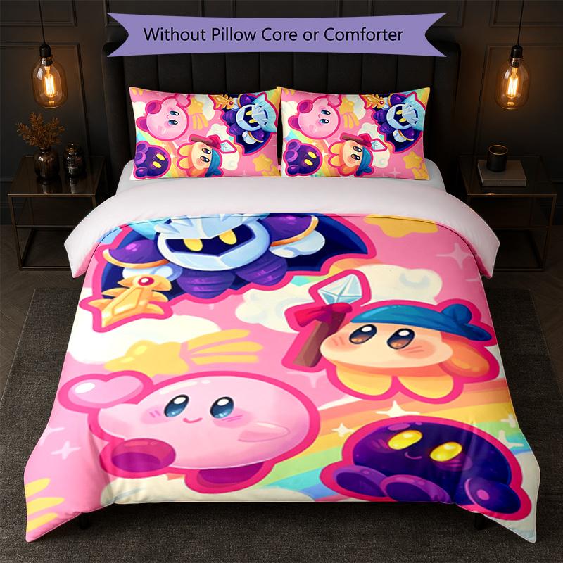 Kirby Print 3-teiliges Bettwäsche-Set 1 Bettbezug und 2 Kissenbezüge Weiche Bettwäsche für Haushalt Schlafzimmer