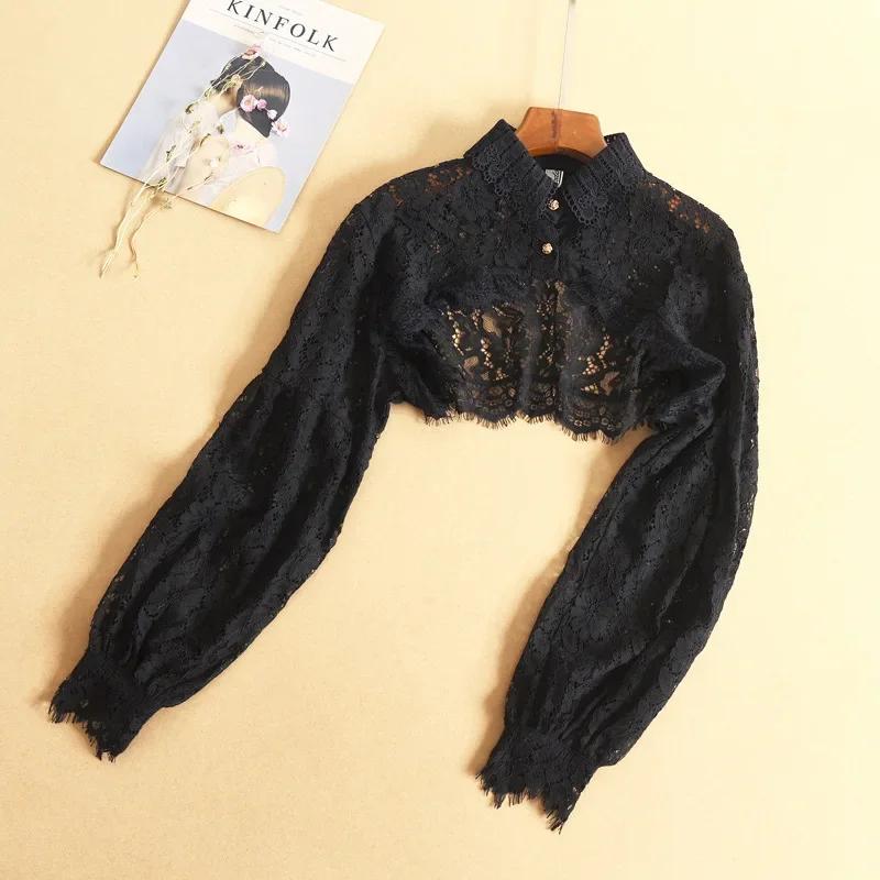 Women Puff Long Sleeve Half Top Blouse Ruffled Golden Button Detachable False Fake Collar Sweater Decorative Accessories
