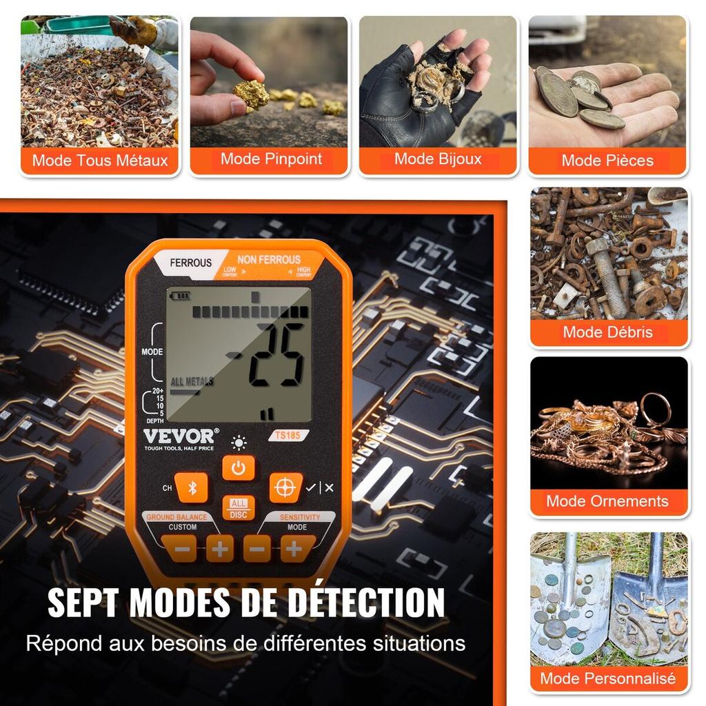 Waterproof Metal Detector, 12" Coil, Professional Rechargeable Gold Detector, 39-50 in Adjustable with LCD 7 Modes Advanced DSP Chip Bluetooth