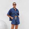 2025 Retro Lässiges Denim Kurzarmhemd & Shorts Set - Damen Frühling/Sommer