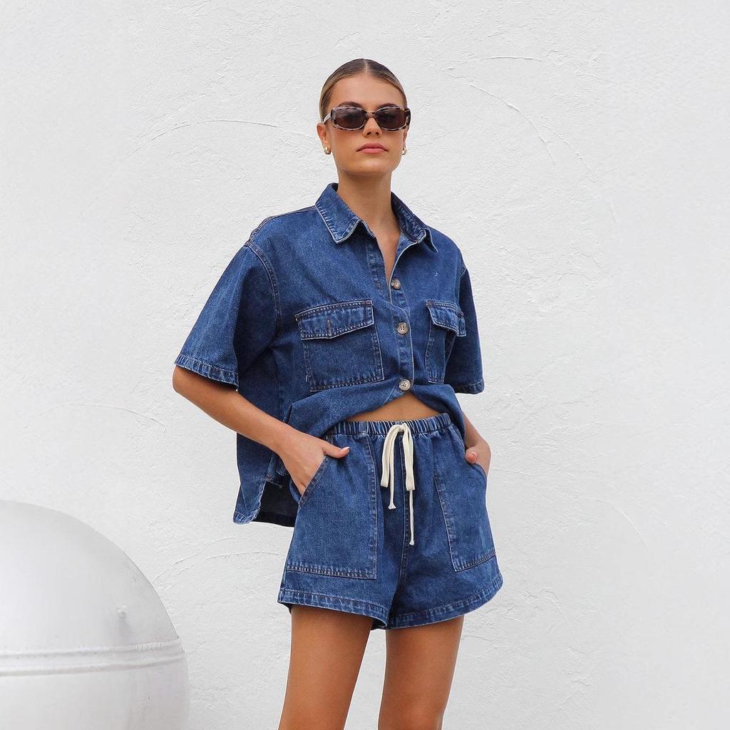 2025 Retro Lässiges Denim Kurzarmhemd & Shorts Set - Damen Frühling/Sommer