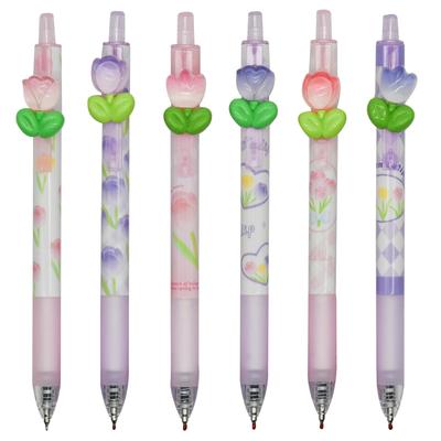 Maydahui Stylish Tulip Flower Retractable Ballpoint Set of Black Romantic Flower Stationery Gel Ballpoint Fun and Adorable Pens, 6, 0.5mm, Ink, Cute,
