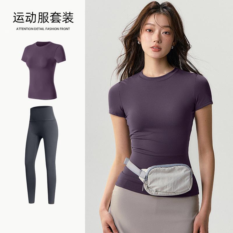 Basic yoga t-shirt women s waist versatile fitness short-sleeved running quick-drying yoga clothes tight top S
