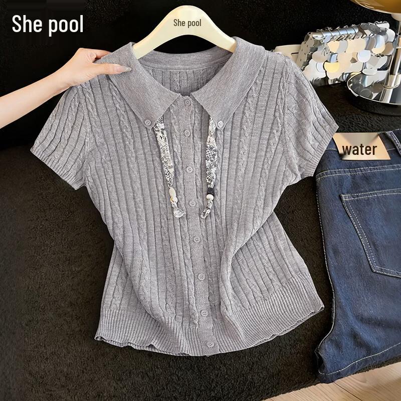 Women s French Style Lapel Short Sleeve Knit Cardigan One Size