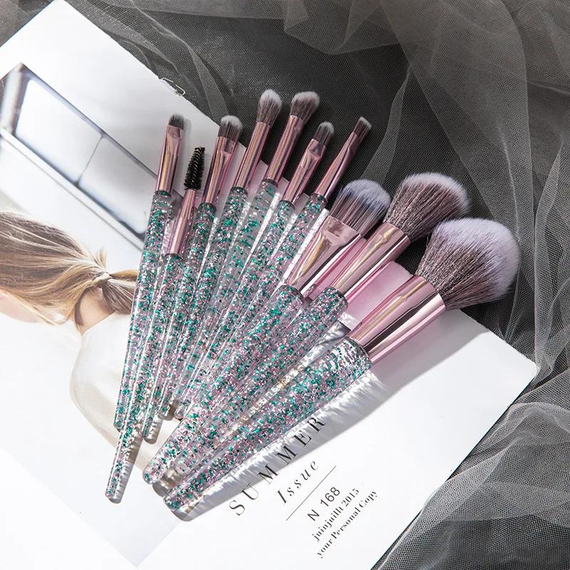 10 Pcs Makeup Brush Scallion Powder Crystal Handle with Sequins Face Eye Fiber Hair Beauty Tools