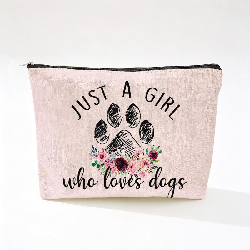 Cute Dog Print Linen Makeup Bag - Wear-Resistant & Portable Storage with Zipper